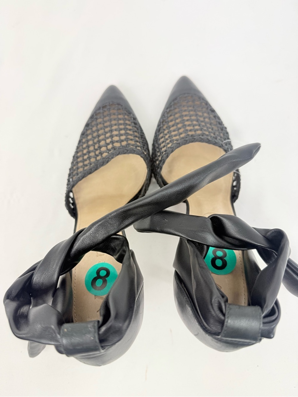 Vicenza Anthropologie Black Leather Woven Pointed Toe Wrap Ankle Strap Pump Heel - Picture 12 of 16